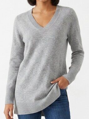 APT 9 100% Cashmere Light Heather Gray V Neck Tunic Sweater Medium